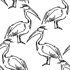 Pelican ink sketch seamles pattern on white background