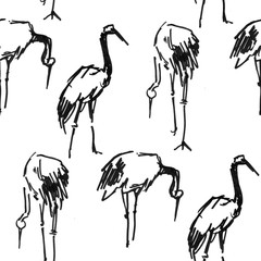 Stork Heron crane pen sketch seamless pattern