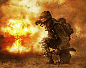 US soldier in the desert during the military operation turning to nuclear explosion mushroom cloud...