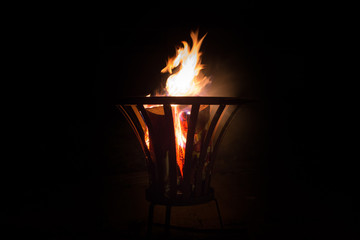 Burning piece of wood in a fire basket 