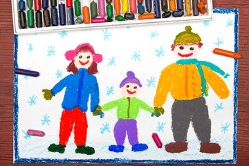 Colorful drawing: happy family in winter