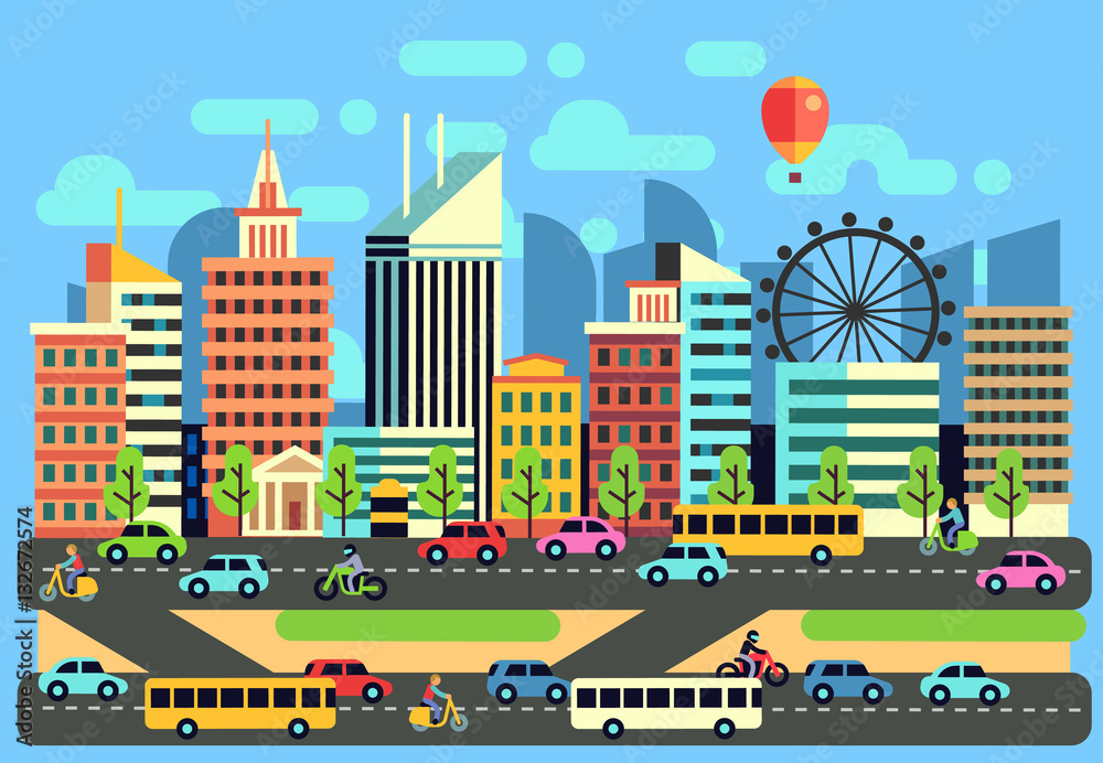 Poster Urban, city traffic landscape with moving passenger transport vehicles, cars, scooter, motorcycle on highway vector illustration