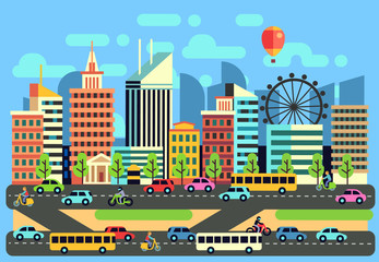 Urban, city traffic landscape with moving passenger transport vehicles, cars, scooter, motorcycle on highway vector illustration