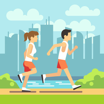 Jogging sport people, athletic running man and woman. vector healthcare concept