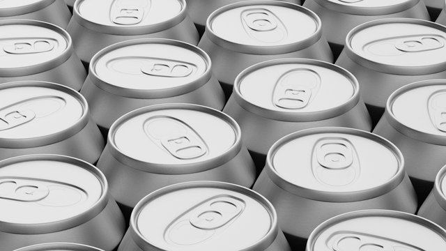 Tightly packed array of shiny aluminium cans shot as a close up. This image is a 3d illustration and variation one of two.