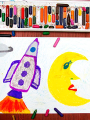 Colorful drawing: Space rocket in the cosmos