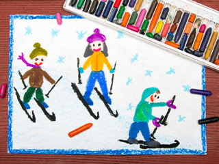 Colorful drawing: Kids learning to ski