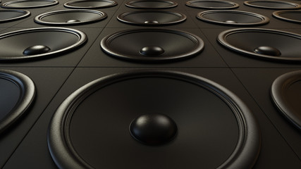 Large arrangement of modern black amplifiers. This image is 3d illustration.