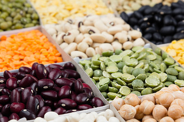 Pulses food background, assortment  - legume, kidney beans, peas, lentils in square cells macro. Healthy protein food.