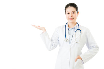 asian woman doctor with stethoscope hand display something