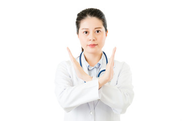 asian woman doctor with stethoscope show refuse stop gesture