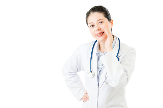 asian woman doctor with stethoscope hand tell shouting gesture