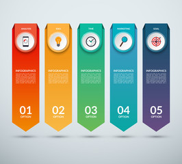 Vertical options banner for infographics. Arrow design template with 5 options, steps, parts. Vector background. Can be used for web design, vertical chart or graph, step options, business report etc.