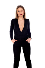 Stylish girl dressed in black with red lips