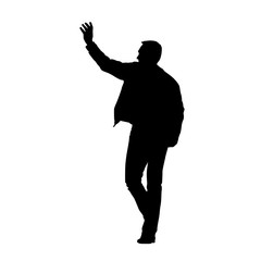 Man in jacket and jeans and goes hand health known people. Wavin