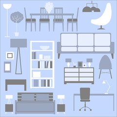 The interior of the house, furniture. Living room, bedroom, home office, dining room.  Vector illustration .
