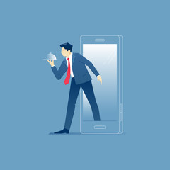 Businessman steps out from a smartphone screen