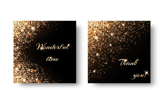 Set of backgrounds with gold glittering ornaments. Design for greeting card for Christmas, birthday, Valentine's Day.
