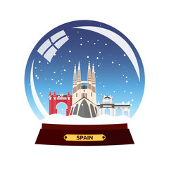 Snow globe city. Spain, Sagrada Familia. Winter travel vector.