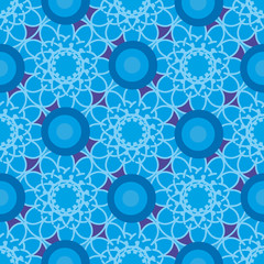 Pattern with blue flowers and colorful circles