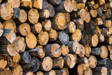 Chopped firewood, stacked woodfuel, fuelwood texture. Natural wooden background.