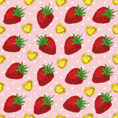 Seamless Pattern with Strawberries and Hearts