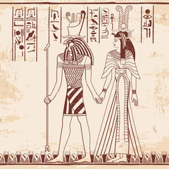 Fototapeta na wymiar Vector illustration of Egyptian national drawing. Goddess Isis and Queen Nefertari. Brown drawing on a beige background with the effect of aging.