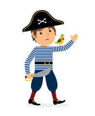 Pirate walking cartoon character with parrot and sword. Vector icon on white background