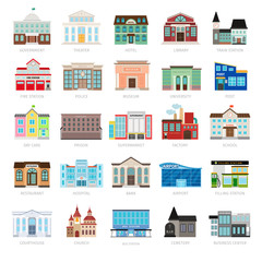 Municipal library and city bank, hospital and school vector icon set. Colored urban government building icons