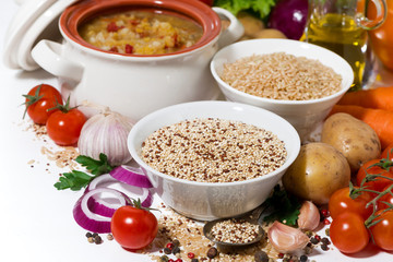 brown rice and quinoa and fresh ingredients for soup, closeup