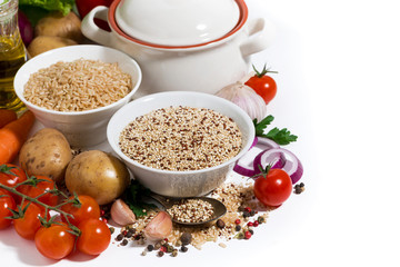 brown rice and quinoa and fresh ingredients on white background