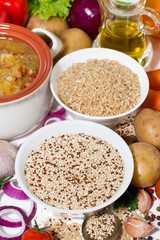 brown rice and quinoa and fresh ingredients for soup, top view