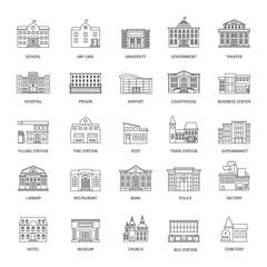 Government buildings line icons or urban municipal houses outline signs. Vector illustration
