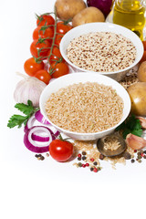 brown rice and quinoa soup and ingredients on a white background