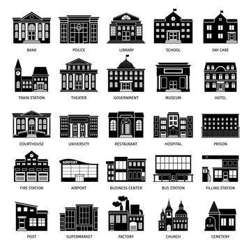 Government Building Black Icons. City Hospital And Restaurant, University And Museum Buildings Vector Icon Set