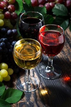 assortment of wine on wooden background, vertical, top view