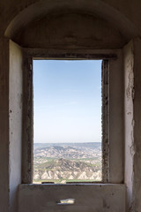 Panorama view outside window in Craco