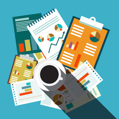 Top View Business Flat Design Retro Background. Papers, Graphs, Reports and Coffee Cup on Blue Table.