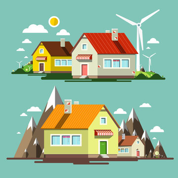 Flat Design Nature Scene with Houses and Wind Mills
