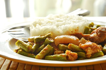 spicy stir fried yard long bean and fat pork curry eat couple with rice
