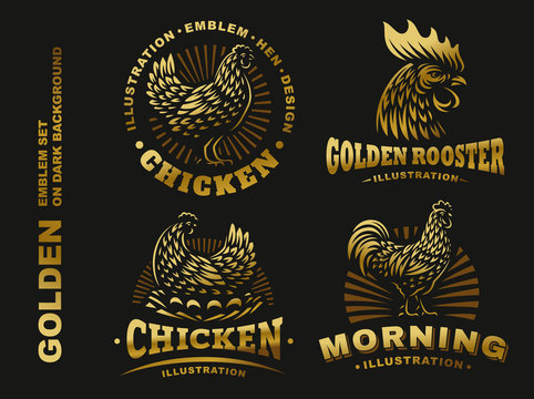 Set golden chicken emblem on dark background