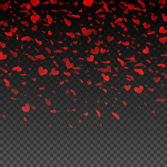 Transparent red falling hearts. Valentines Day design. Vector illustration