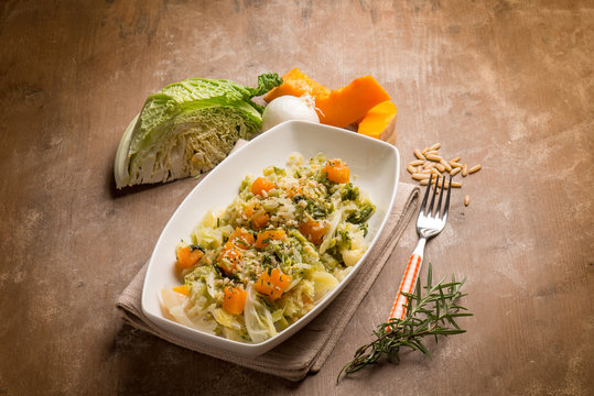  sauteed vegetables with  pumpkins  savoy cabbage and pine nuts