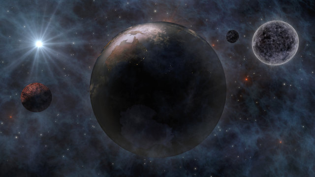 Planet Earth, The Sun, The Moon and Planets In Space 3D Renderin