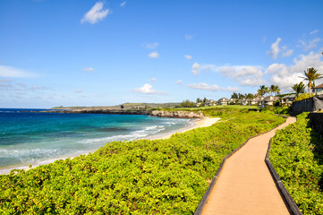 Beautiful pathway at Oneloa Bay on the island of Maui, Hawaii, USA. Oneloa Bay and Oneloa Beach are located near Kapalua on West Maui and are famous tourist destinations.