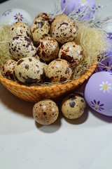 Quail eggs in a wicker basket and colorful Easter eggs on a grey  background - Easter decoration


