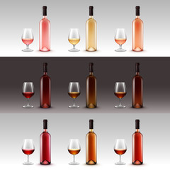 Vector Set of Wine Bottles and Glasses Isolated on Background