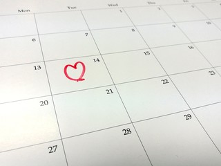 Mark your date on Valentine day on the calendar, heart on calendar, 14 February, love plan