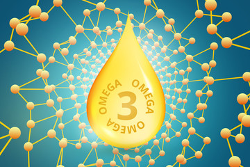 Gold drop of Omega 3. The natural fish-oil for health and protect the skin. Vector illustration