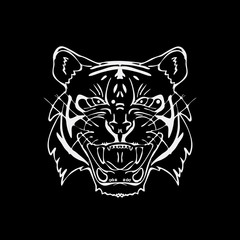 Hand-drawn pencil graphics, tiger head. Engraving, stencil style. 